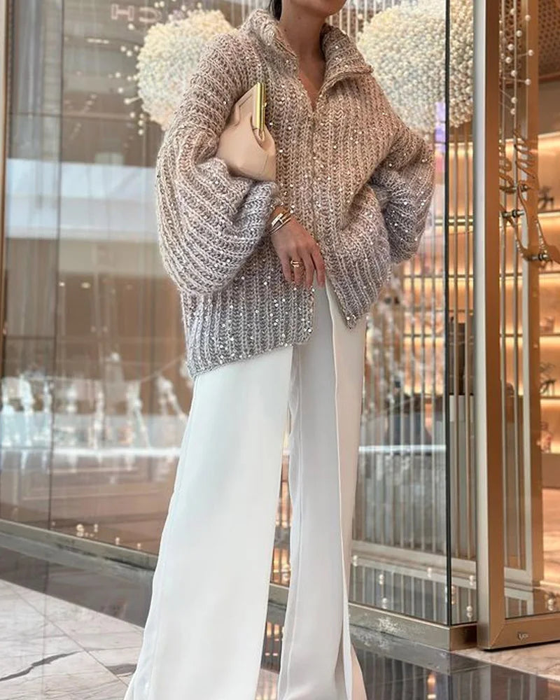 Jednobarevný pletený flitrovaný svetr bunda a oblek kalhoty dvoudílný set