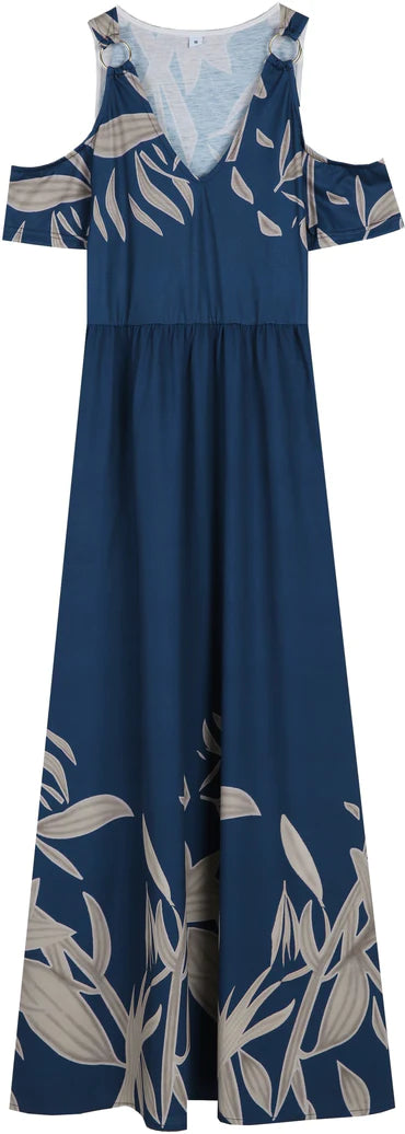 Kobaltově modré skládané letní maxi šaty na ramena s výstřihem do V