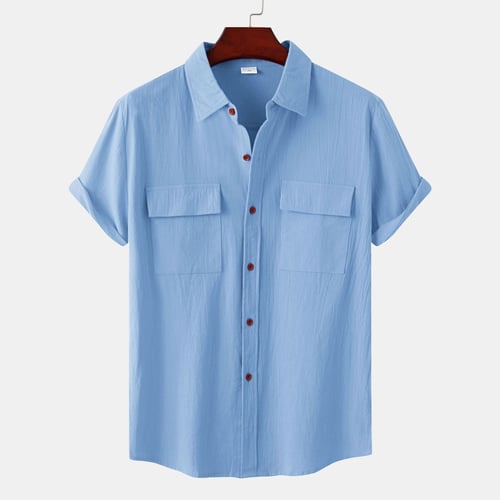Pánská jednobarevná neformální bavlněná plátěná košile s krátkým rukávem
