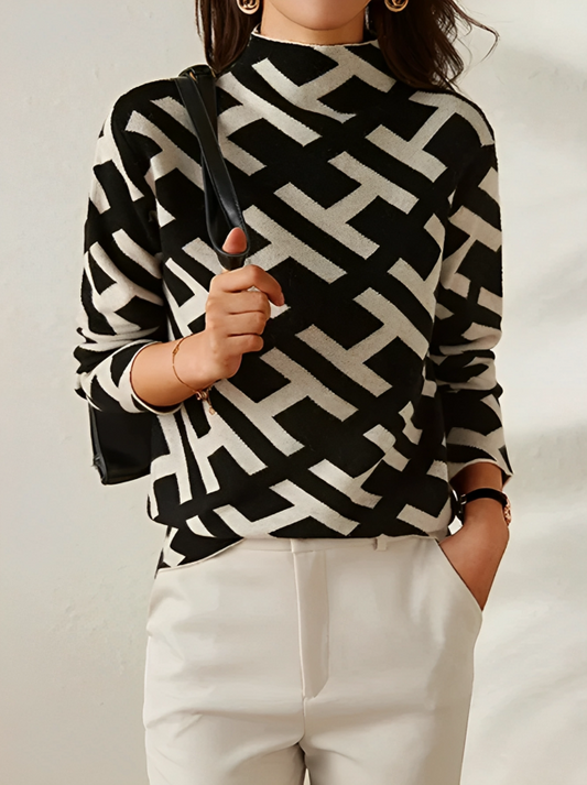 Dámský černý svetr s geometrickým vzorem a se stojáčkem