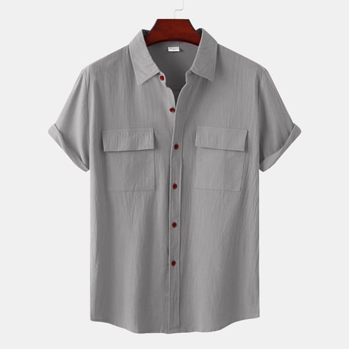 Pánská jednobarevná neformální bavlněná plátěná košile s krátkým rukávem