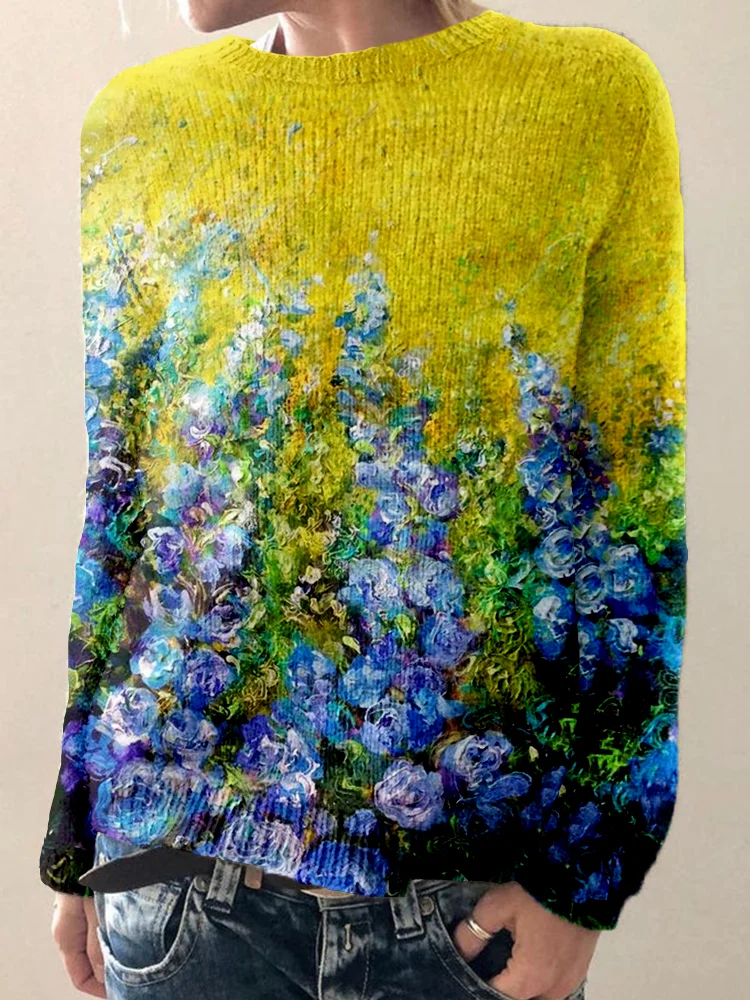 Abstraktní květinový umělecký tisk s kulatým výstřihem Útulný svetr