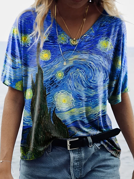 Tričko Van Gogh Starry Sky s potiskem a výstřihem do V