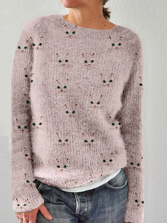 Cat – dámský pohodlný svetr s roztomilým potiskem kočičí hlavy