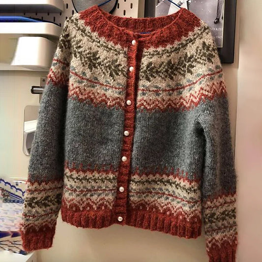 Abigail – Vintage Fel Island Jacquard Pohodlný svetr na knoflíky