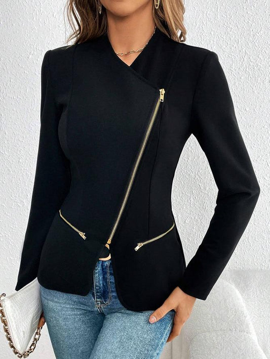 Elegantní černá bunda na zip s dlouhým rukávem pro dámy