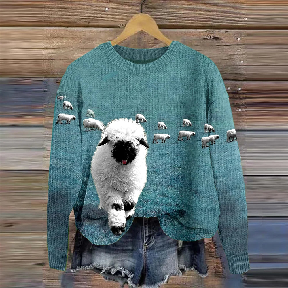 Příjemný pletený svetr s kulatým výstřihem a potiskem Stray Sheep