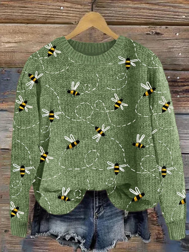 Létající včely vyšívání vzor útulný pletený svetr