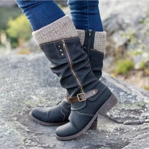 Dámské ploché kožené boty se středním podpatkem a zapínáním na zip