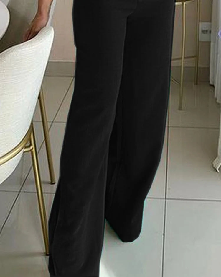 Mia - Dvoudílný komplet s jednobarevnou vestou, dutým topem a širokými kalhotami s vysokým pasem