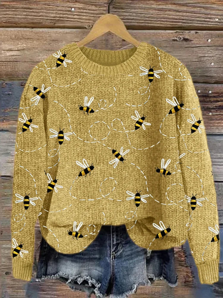 Létající včely vyšívání vzor útulný pletený svetr