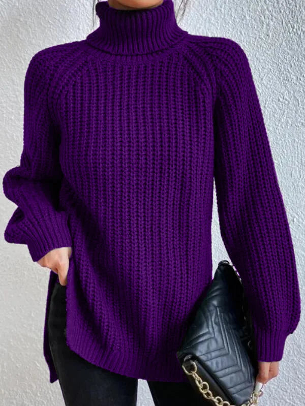 Bavlněný svetr s rolákem, raglánovými rukávy a děleným spodním okrajem
