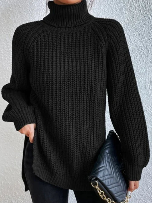 Bavlněný svetr s rolákem pro ženy, raglánovými rukávy a rozparky