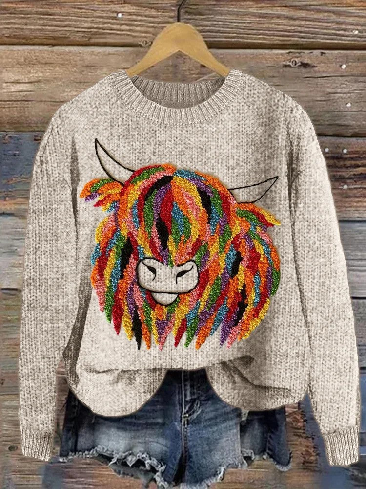 Útulný svetr s barevnou výšivkou Highland Cow