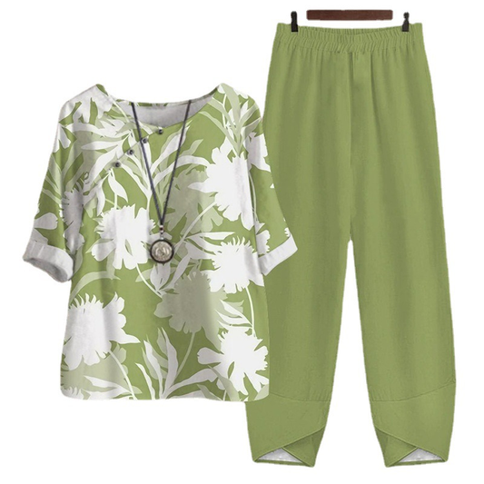 Jarní a podzimní zelený dvoudílný oblek s dlouhými rukávy a potiskem rostlin